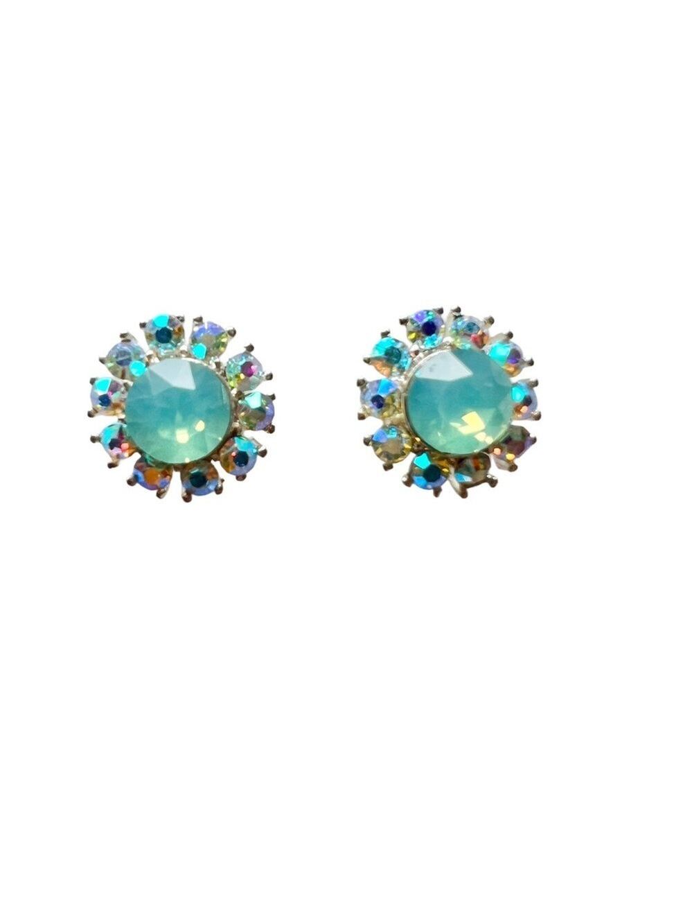 Aquamarine Colored Stone with Crystals Stud Earrings